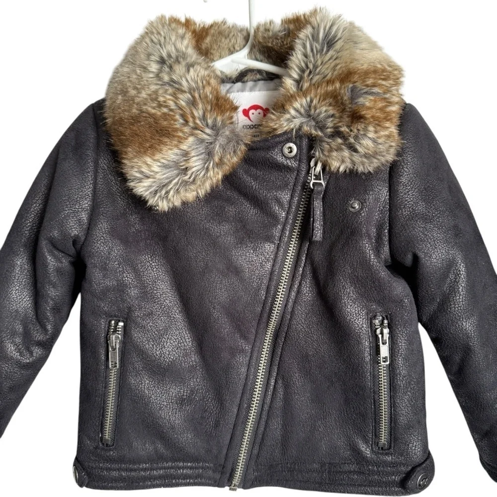 Appaman Moto Jacket Girls Size 5 Black Faux Fur Trim Collar Faux Leather Winter